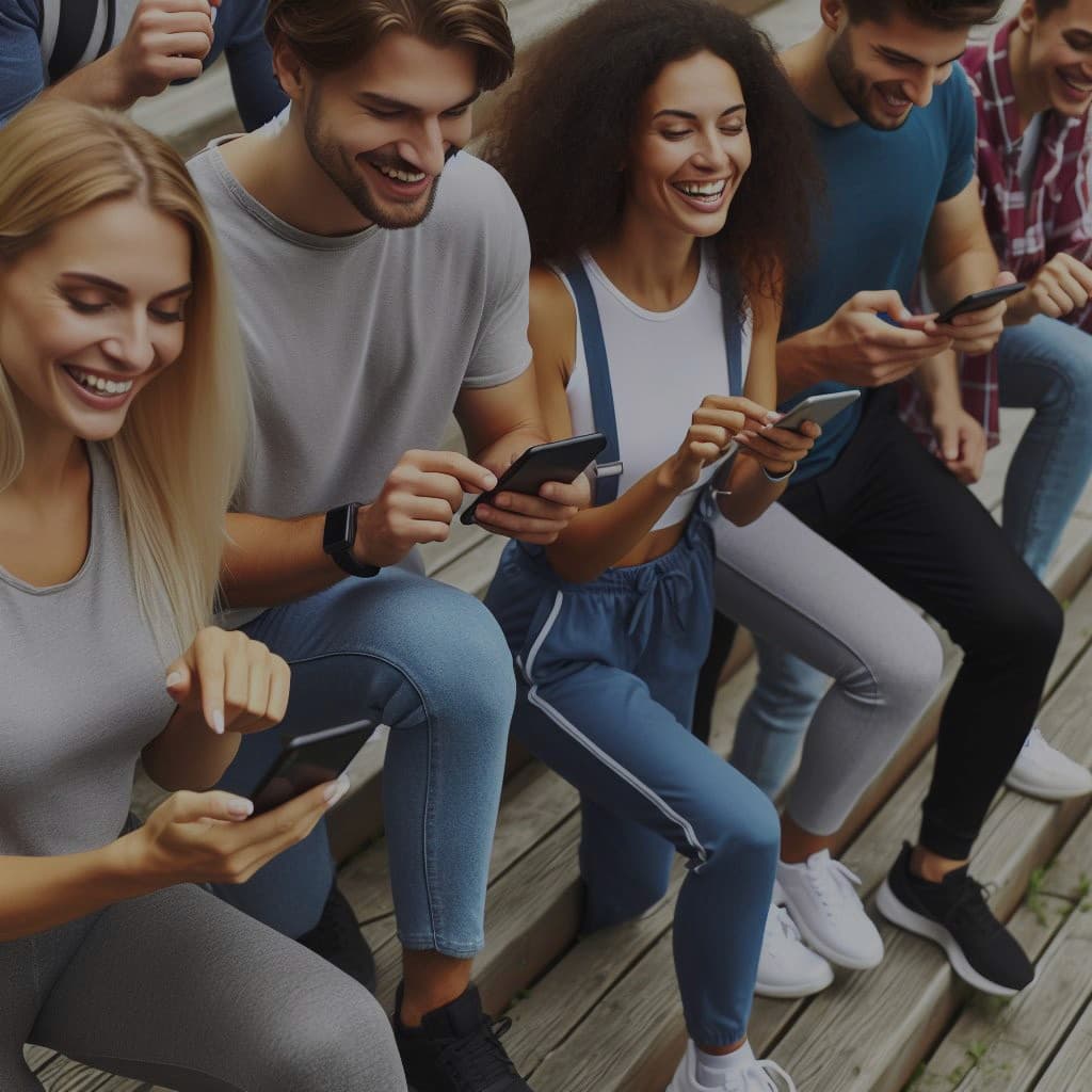Leende personer som tittar på sina mobiler tillsammans