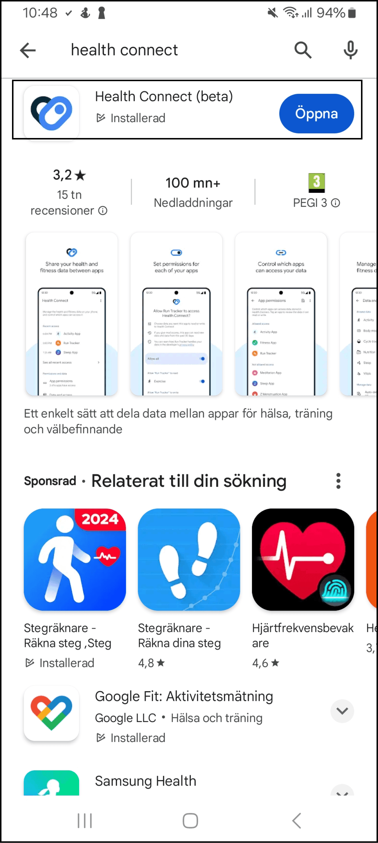 Skärmbild: Kontrollera att du har "Health Connect" installerat.