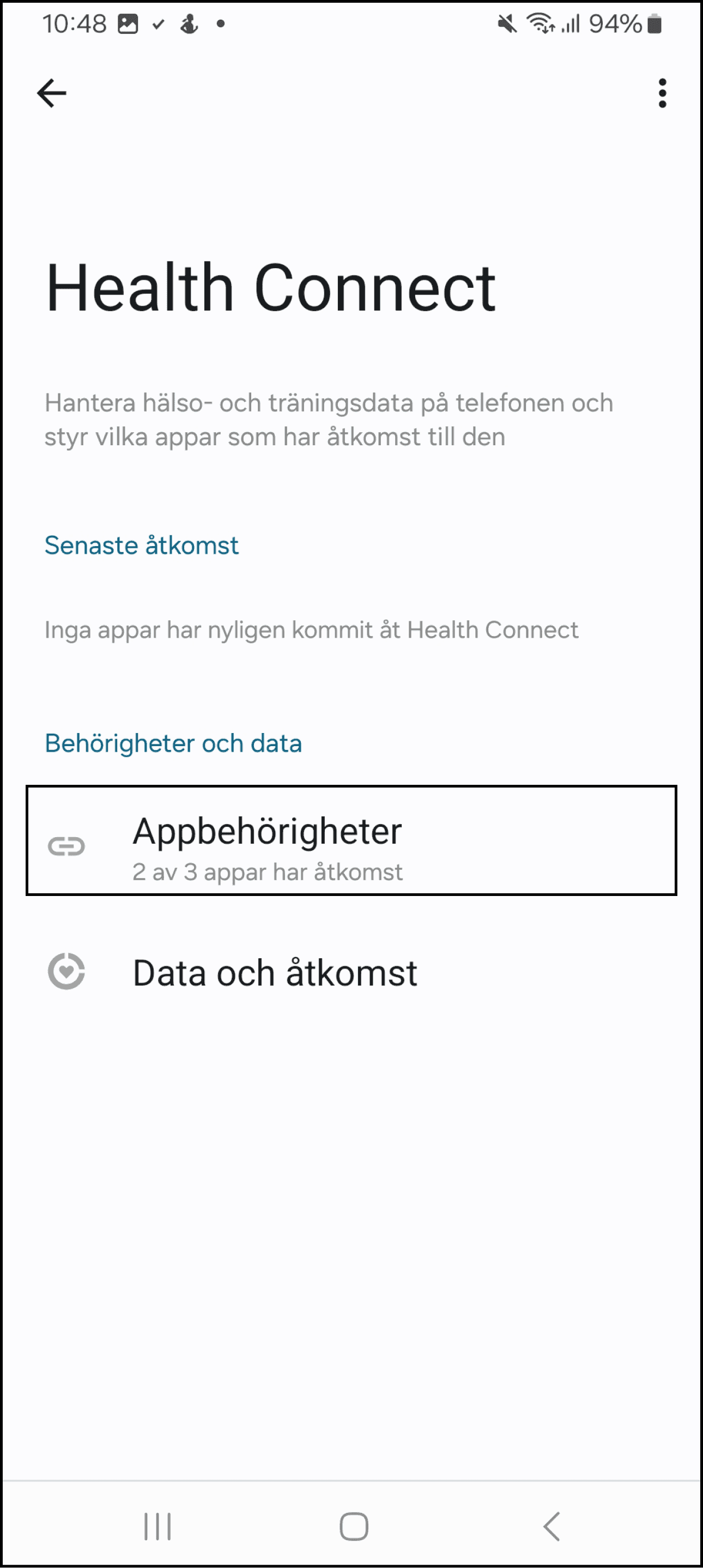 Skärmbild: Öppna "Health Connect" och klicka på "Appbehörigheter".