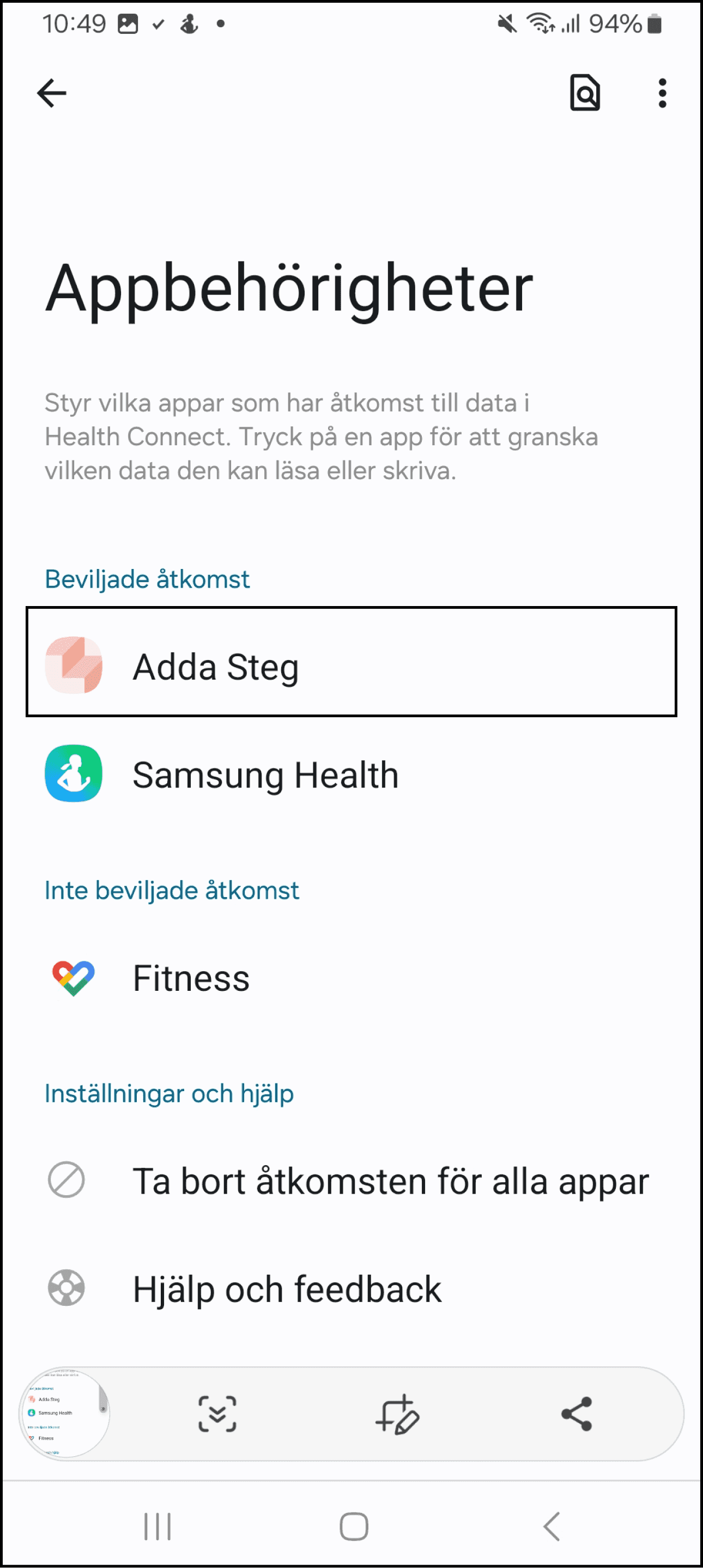 Skärmbild: Se ifall "Adda Steg" är beviljad åtkomst. Om inte, se nästa steg.