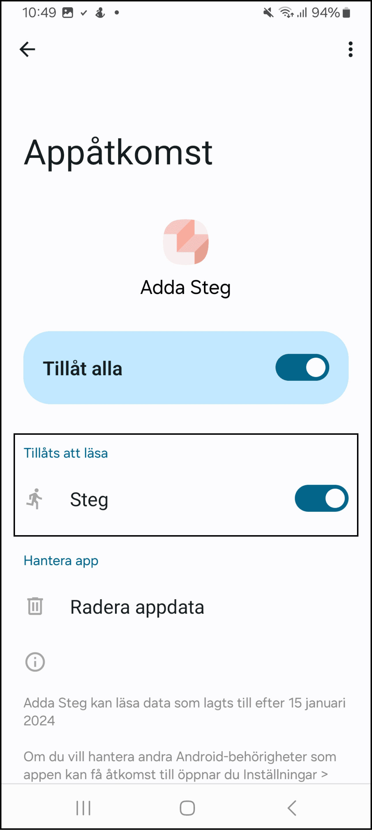 Skärmbild: Aktivera tillåtelse av att hämta Steg.