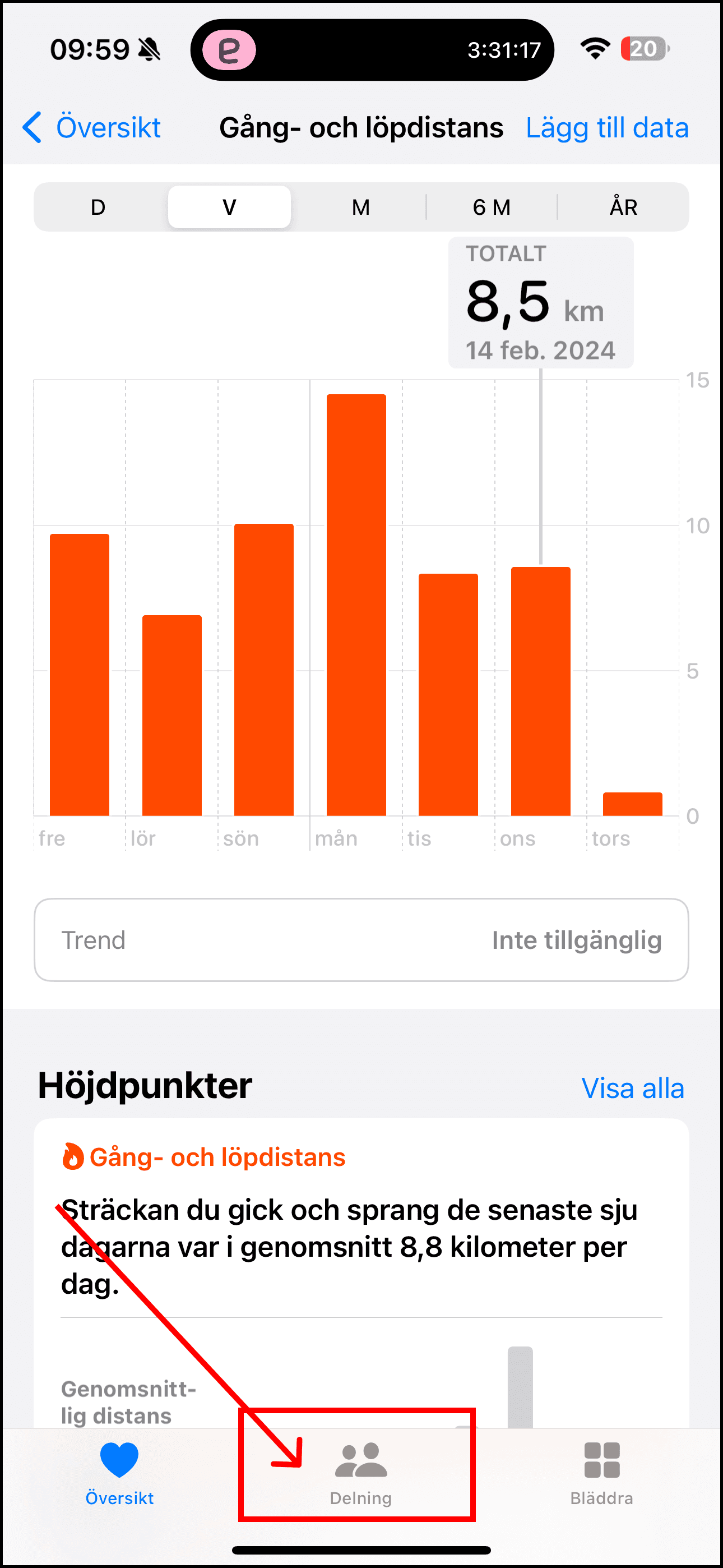 Skärmbild: Öppna appen "Hälsa" och klicka på "Delning".