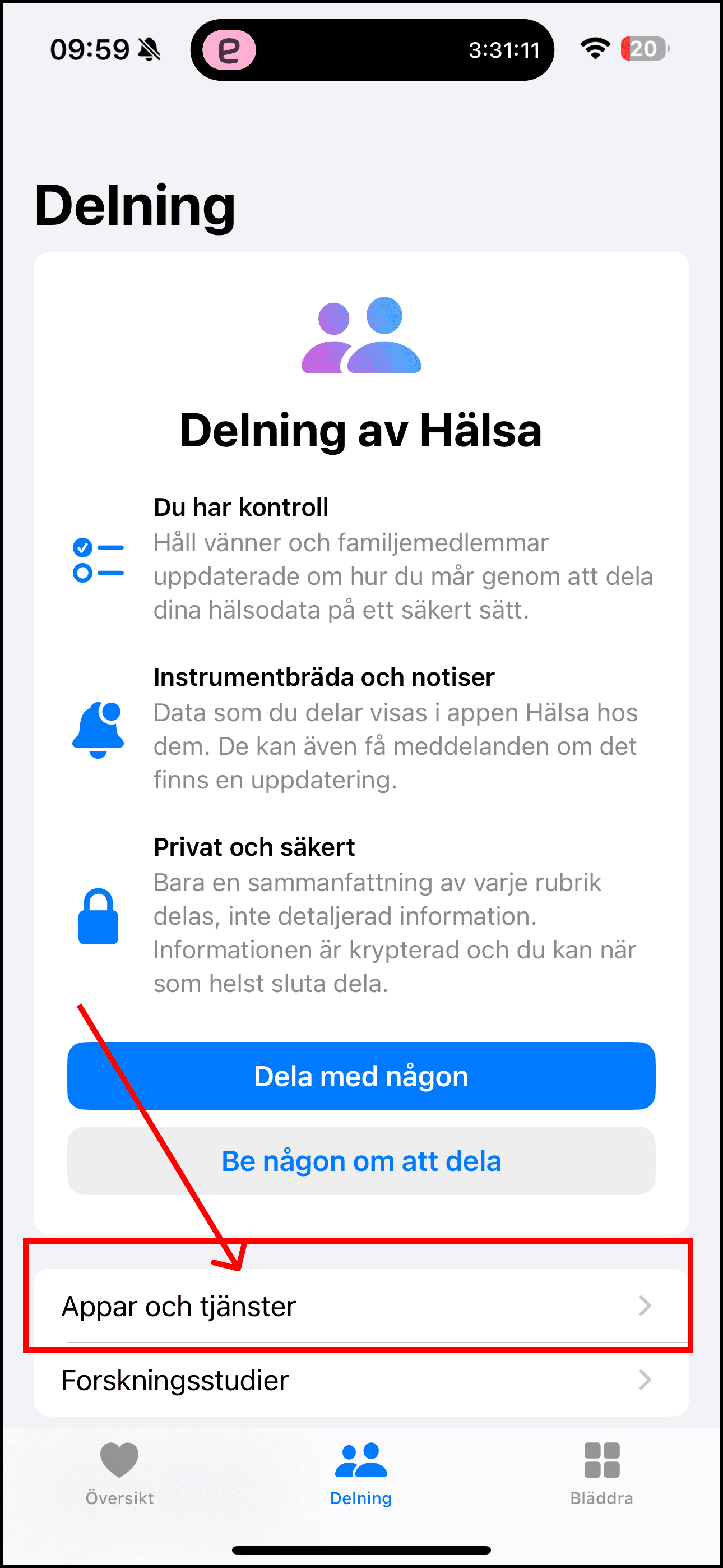 Skärmbild: Klicka på "Appar och tjänster".